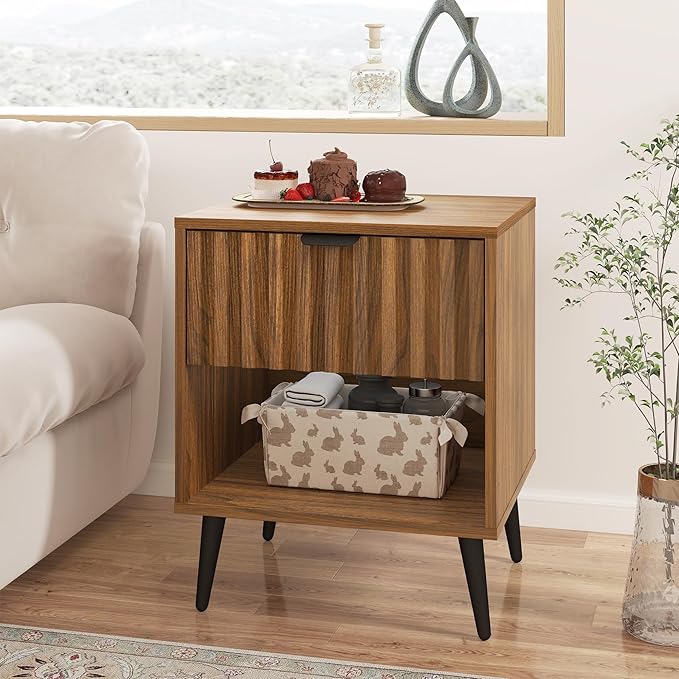 Fluted Nightstand, Natural Wood Nightstand with Drawer and Open Storage, Mid Century Fluted Side Table Modern Bedside Stand with Wood Veneer for Bedroom, Office, Walnut&Brown