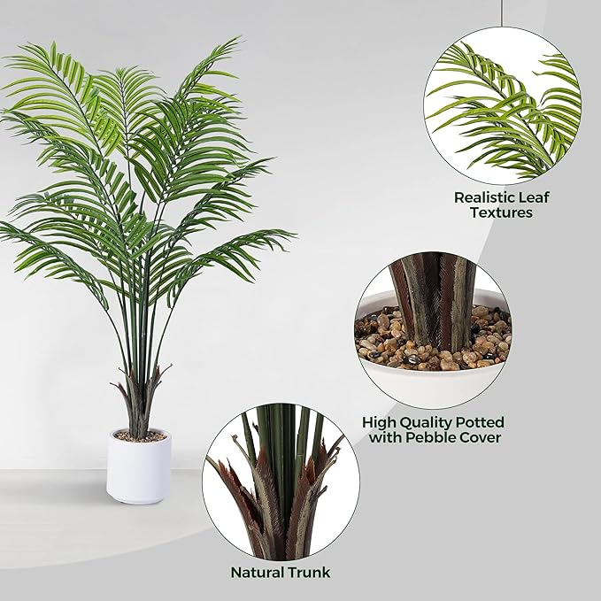Artificial Areca Palm Tree 4FT Fake Potted Plant 2 Pack Faux Silk Tropical Areca Palm with 12 Trunks & Real Bark Design, Large Aritificial Plant in Pot for Home Living Room House Warmming Floor Decor