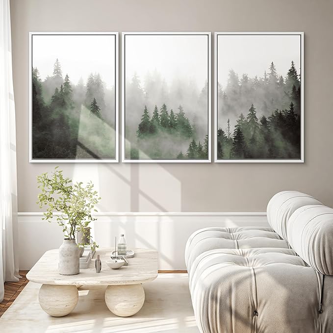SIGNWIN Framed Canvas Print Wall Art Woodland Nursery Decor Set Fog & Mist Over Green Pine Tree Forest Nature Wilderness Modern Art Chic Landscape for Living Room, Bedroom, Office - 16"x24"x3 White