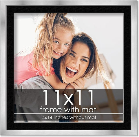 11x11 Frame with Mat - Silver 14x14 Frame Wood Made to Display Print or Poster Measuring 11 x 11 Inches with Black Photo Mat