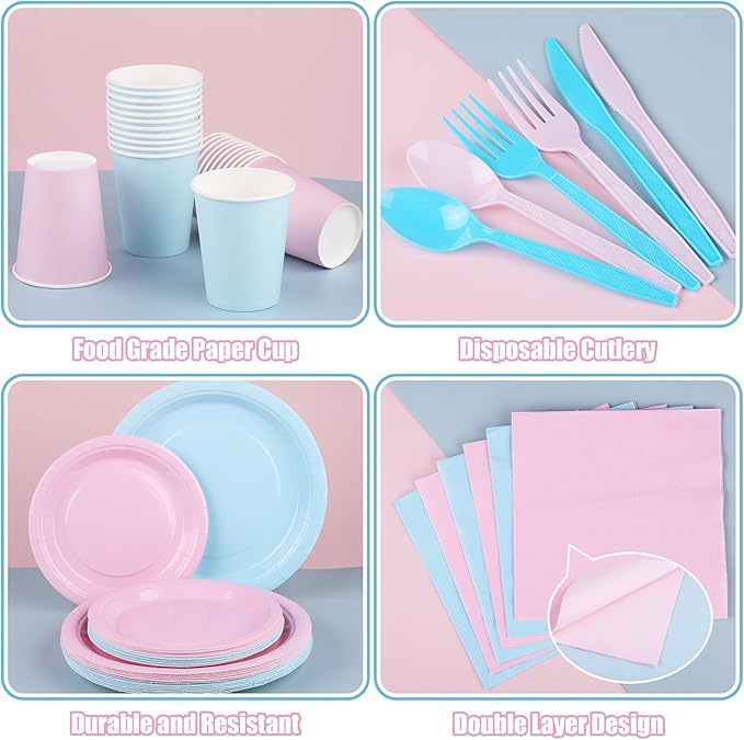 durony 216 Pieces Baby Gender Reveal Party Tableware Set Serves 24 Guests Pink Blue Paper Plates Boy or Girl Gender Reveal Plates Napkins Paper Cup Cutlery for 1st Birthday and Baby Shower Decorations