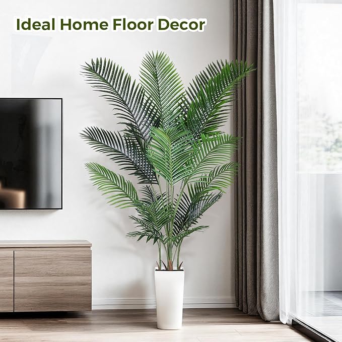 Artificial Areca Palm Tree 7FT Fake Potted Plant Faux Silk Tropical Areca Palm Real Bark Design, Large Artificial Plant in Tall White Pot for Home Living Room House Warming Floor Decor