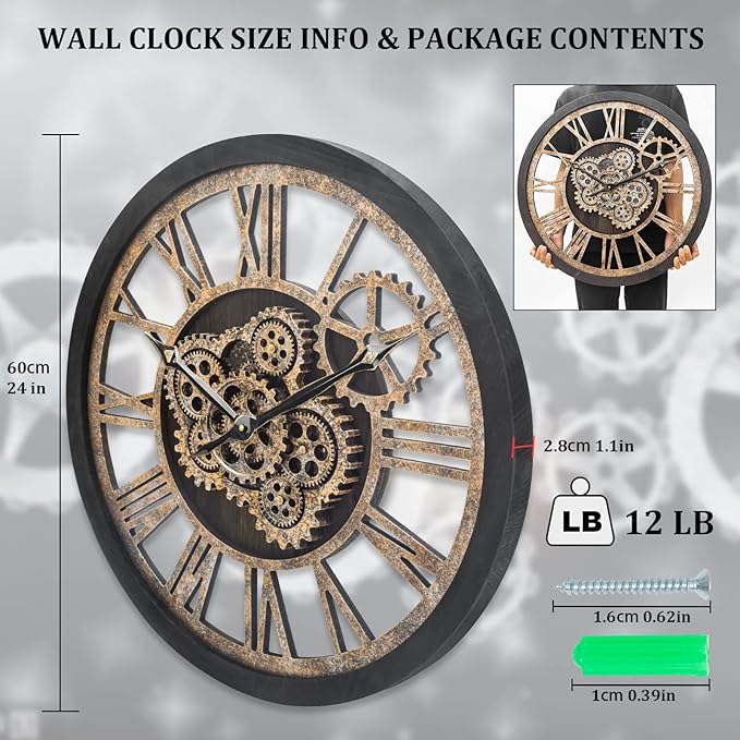 HOIBAI Wall Clock for Living Room Decor, Large, 24 in (60cm), Moving Gear, Farmhouse Vintage Industrial Oversized Wall Clock