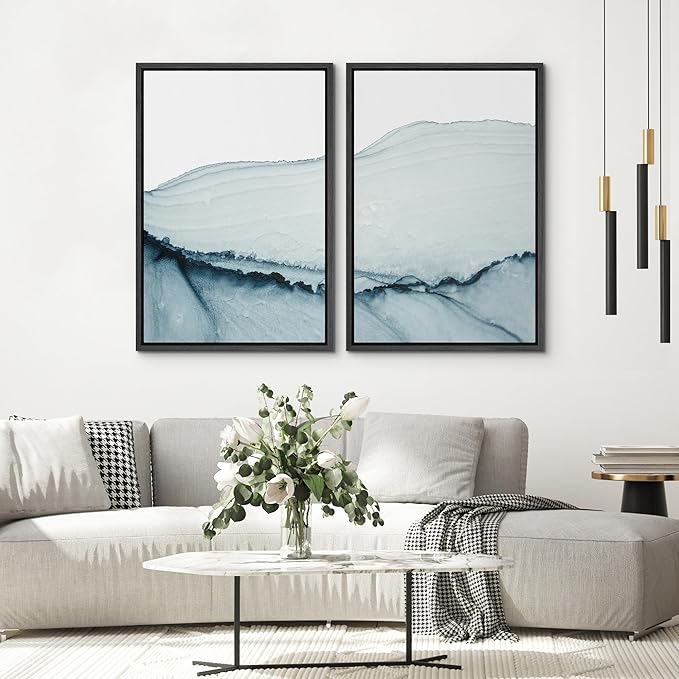 SIGNWIN Framed Wall Art Print Set Blue Paint Stroke Wave Collage Abstract Shapes Illustrations Modern Art Rustic Relax/Calm Multicolor for Living Room, Bedroom, Office - 24"x36"x2 Black