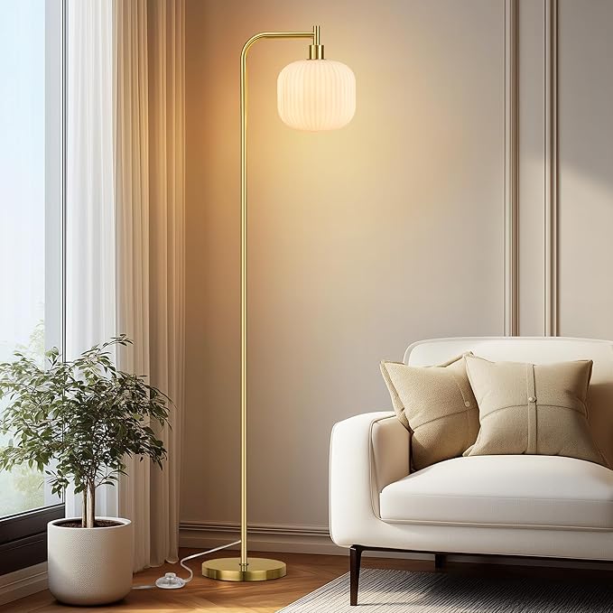 QiMH Glass Floor Lamp for Living Room, 67” Modern Standing Lamp with Cream Ribbed Glass Lampshade Pedal Switch Tall Lamp for Bedroom, Brushed Gold (2700K LED Bulb Included)