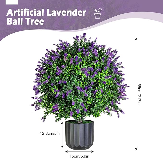 Set of 2 Pack Large Artificial Plants Lavender Topiary Ball Tree, 21" Tall Outdoor Simulated Potted Bushes UV Resistant, Faux Lavender Shrubs Suitable for Indoor, Front Porch, Home Garden Decor