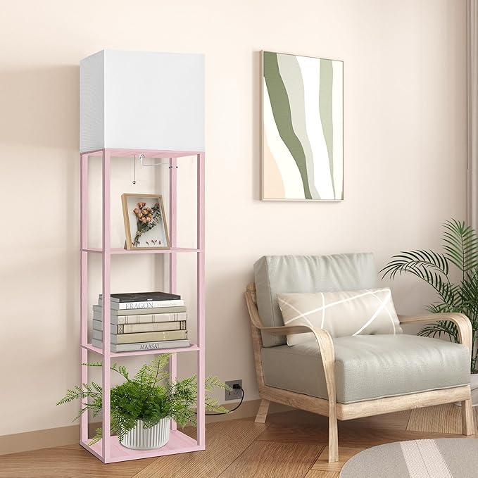 Dott Arts Floor Lamp with Shelves, Wide Floor Lamps for Living Room Display Shelf Lamps with 3 Color LED Bulb,Storage Wood Modern Floor Lamp for Bedroom Standing Lamp for Living Room Office（Pink）