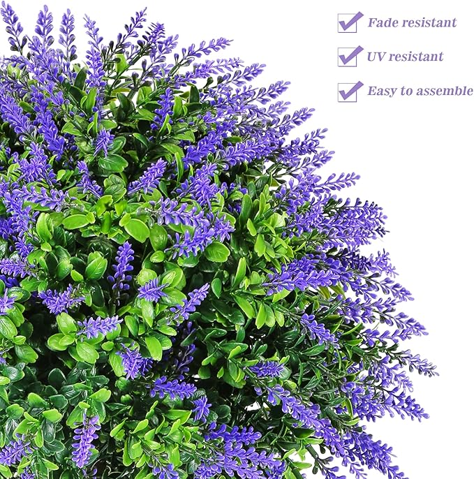 20" Artificial Lavender Boxwood Topiary Ball Trees for Outdoors with Ground Spike,Set of 2 UV Resistant Artificial Shrub Bushes,Artificial Plants,Fake Plants for Front Porch ,Garden,Yard,Patio Décor