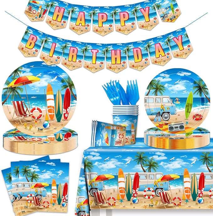Beach Birthday Party Supplies - 142PCS Hawaiian Pool Party Decoration Including Beach Dinner Plates,Tablecloth for Summer Beach Tropical Baby Shower Birthday Decoration