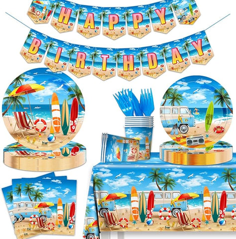 Beach Birthday Party Supplies - 142PCS Hawaiian Pool Party Decoration Including Beach Dinner Plates,Tablecloth for Summer Beach Tropical Baby Shower Birthday Decoration