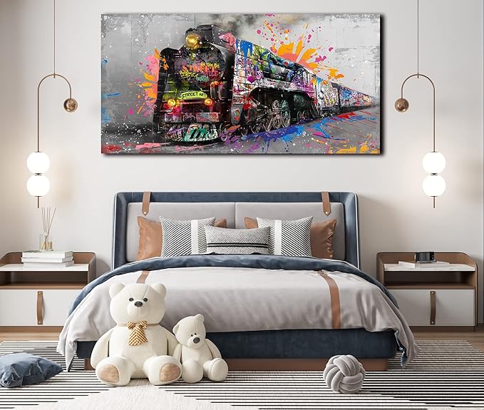 Graffiti Canvas Wall-Art for Living Room Large Size - Wall Art for Teen Boys Bedroom - Train Poster Wall Decor Ready to Hang Size 59" x 29"