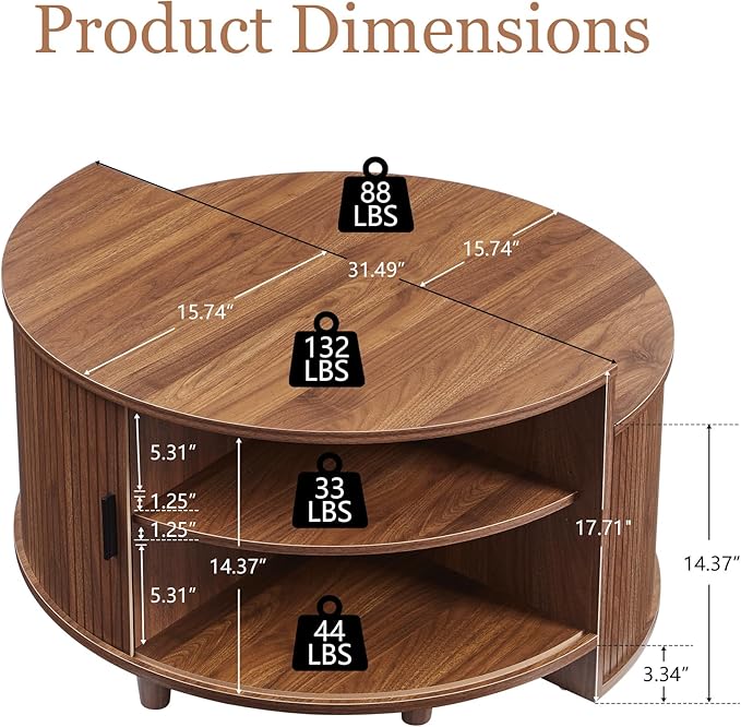 Round Coffee Table, Fluted Coffee Tables with Sliding Doors, Modern Circle Accent Center Table with Storage for Living Room, Apartment, Home Office (Walnut)