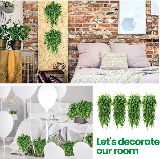 Geosar 56 Pcs Artificial Hanging Plants 32 Inch Hanging Boston Ferns Plastic Fake Plants for Wall Room Garden Wedding Garland Indoor Outdoor Decoration, No Basket