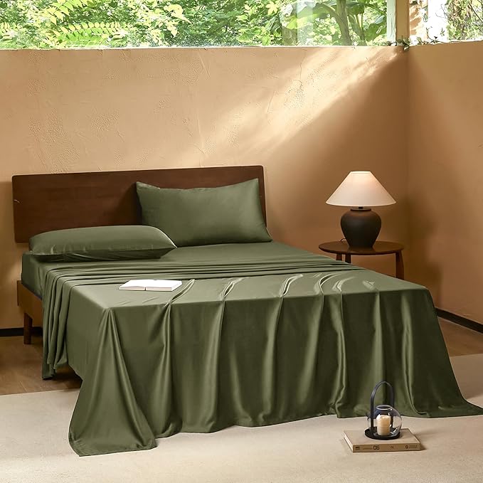 EVERLY Queen Sheets Set,Luxuriously 400 Thread Count Organic Viscose Derived from Bamboo Bed Sheet,Cooling Sheets for Queen Size 4 Piece Deep Pockets Bedding Sheets &Pillowcases-Olive Green