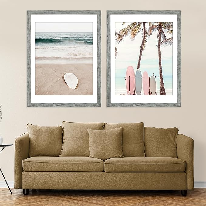 24x30 Frame Set of 2, Rustic Grey Wood Style - Display 18x24 Picture Frame with Mat or 24 x 30 Poster without Mat, Wall Mounting Horizontal and Vertical