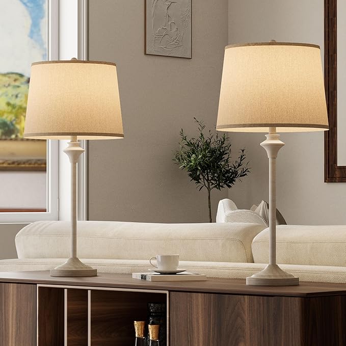 Maxax Farmhouse Table Lamps Set of 2 for Living Room, Antique White Metal Buffet Lamps with Oatmeal Shade Decor, 26" Tall Skinny Bedside Nightstand Lamps for Bedroom