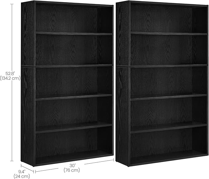 VASAGLE Set of 2 Bookshelves, 30 Inches Wide, 5-Tier Open Bookcases with Adjustable Storage Shelves, Floor Standing Units, Ebony Black ULBC175T56-2