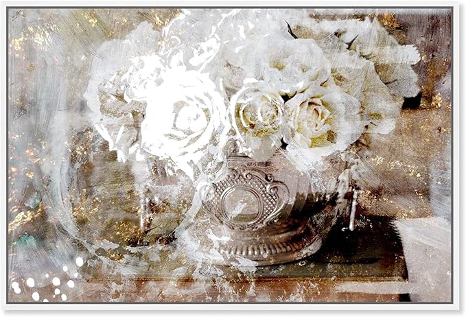 The Oliver Gal Artist Co. Floral and Botanical Framed Wall Art Canvas Prints 'Serving Roses' Florals, White, Gold, 45" x 30"