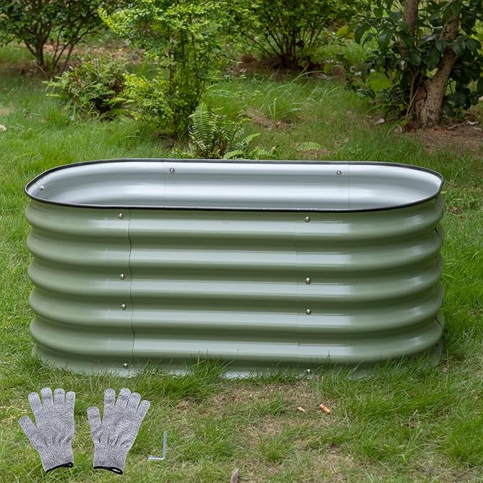 MFSTUDIO Galvanized Raised Garden Bed Kit Outdoor Planter Raised Beds Oval 17" Tall Metal Planter Box for Vegetables Flower Herbs, 3.5x2x1.4FT