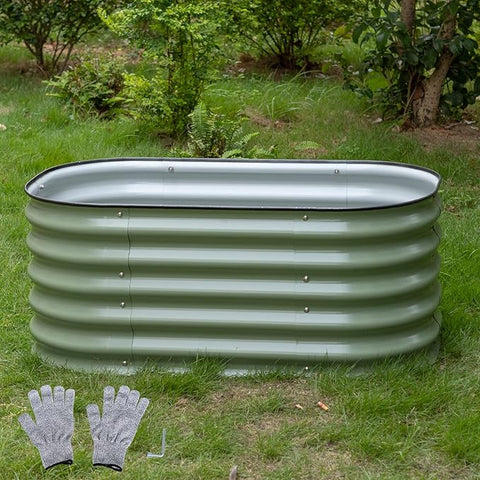 MFSTUDIO Galvanized Raised Garden Bed Kit Outdoor Planter Raised Beds Oval 17" Tall Metal Planter Box for Vegetables Flower Herbs, 3.5x2x1.4FT