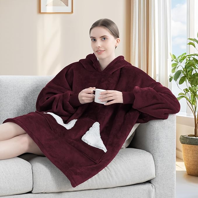 Touchat Wearable Blanket Hoodie, Oversized Sherpa Blanket Sweatshirt with Hood Pocket and Sleeves, Super Soft Warm Comfy Plush Hooded Blanket for Adult Women Men, One Size Fits All (Wine)