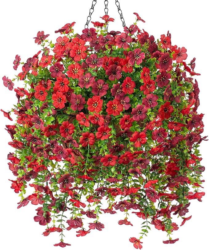 Artificial Fake Hanging Flowers Plants with Basket for Outdoor Spring Decoration, Faux Silk Daisy Flower Real Touch UV Resistant for Outside Porch Patio Garden Yard Home Decor(Red Brown)