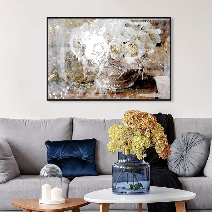 The Oliver Gal Artist Co. Floral and Botanical Framed Wall Art Canvas Prints 'Serving Roses' Florals, White, Gold, 36" x 24"