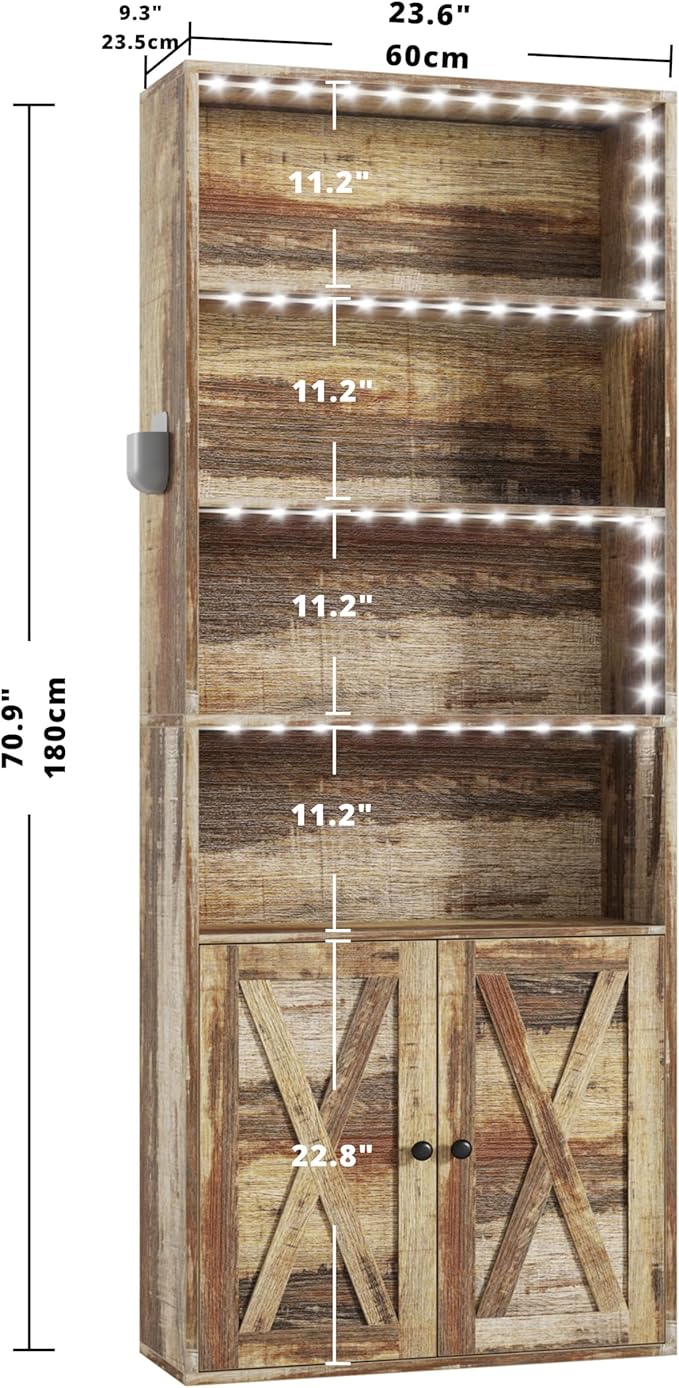 IRONCK Tall Bookcase with LED Lights, 70 in Industrial Bookshelf Display Shelf Floor Standing for Home Office, Living Room, Bed Room