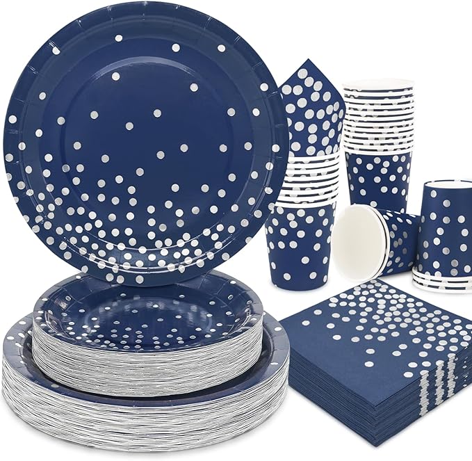 200 Navy Blue Plates and Napkins Party Supplies - Serve 50 Guests, Blue and Silver Birthday Plates Disposable for Wedding Anniversary Retirement Graduation Decorations