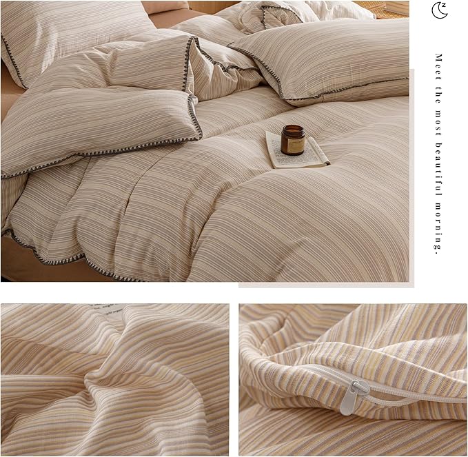 VM VOUGEMARKET Linen Duvet Cover King Striped Pattern Yarn Dyed Muslin Cotton Duvet Cover with Embroidered Edge Super Soft Cozy Bedding Set for Men Women,King Size