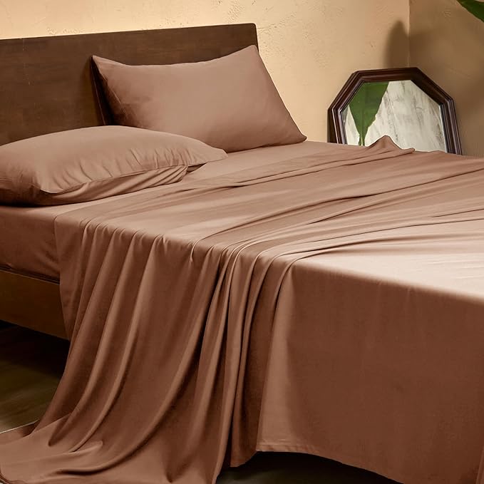 EVERLY Queen Sheets Set,Luxuriously 400 Thread Count Organic Viscose Derived from Bamboo Bed Sheet,Cooling Sheets for Queen Size 4 Piece Deep Pockets Bedding Sheets &Pillowcases-Brick Red