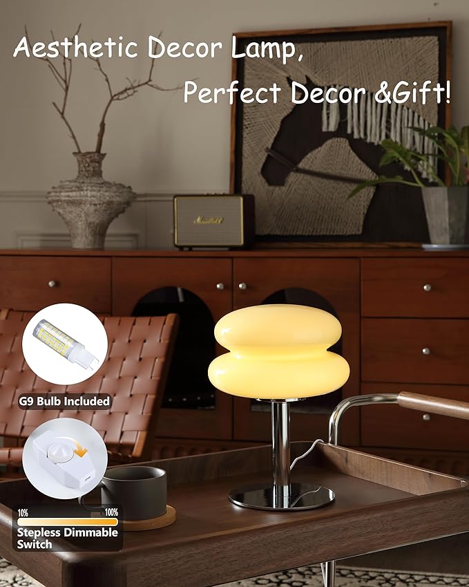 Mushroom Lamp for Bedroom,Mid Century Modern Lamp for Nightstand, Dimmable Retro Egg Tart Bedside Small Lamps,Unique Home Mushroom Decor Aesthetic Cute Table Lamps for Living Room(Cream)