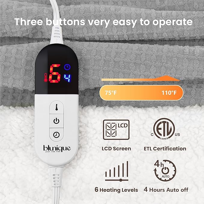 Heated Blanket Electric Throw Waffle, 50x60 Inches Sherpa Fleece Fast Heating Blanket 6 Heating Levels & 4 Hours Auto Off ETL Certification,Light Grey Throw