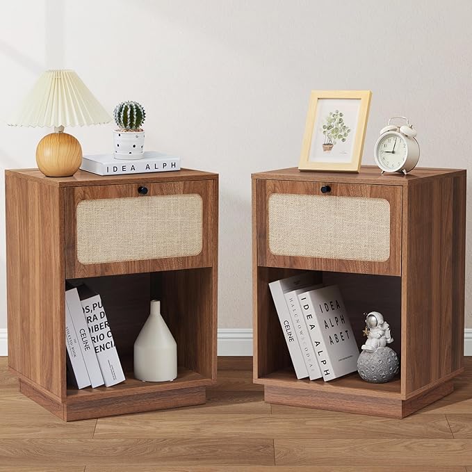 AVZEAR Mid Century Night Stand Set of 2, Modern Nightstand with Drawer & Curved Linen Panel, Farmhouse End Table Wood Bedside Table Small Side Tables for Small Space, Bedroom(Walnut)