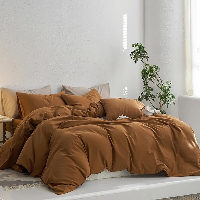 MooMee Super King Duvet Cover Set, 100% Washed Cotton Linen Like Twill Thick Sturdy Material Super Soft Breathable Durable Bedding for All Season, 3 Pieces (Dark Orange, Super King 108"x98")