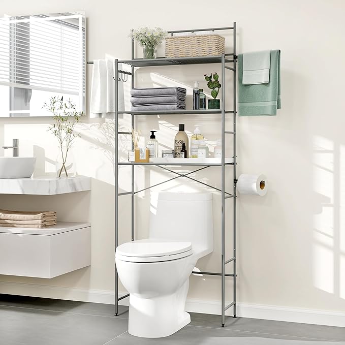 3-Tier Over The Toilet Storage Rack, Freestanding Bathroom Shelves Organizer with Hooks and Toilet Paper Holder, Space Saver Metal Shelf for Small Bathroom, Grey