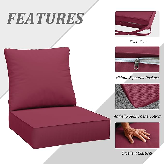 Outdoor Seat Cushion Set 24 x 24 x6.5 Inch Splash-Proof & Fade Resistant Patio Furniture Cushions with Removable Cover Deep Seat & Back Cushion with Straps for Chair Sofa Couch