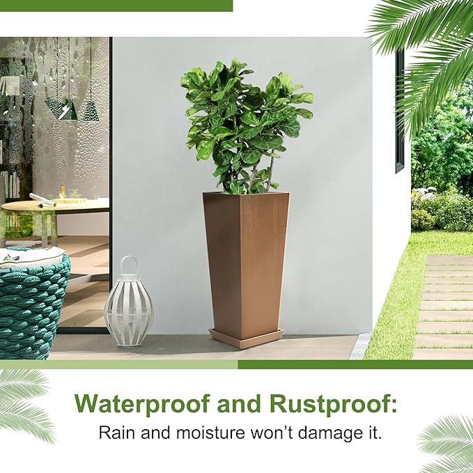 24-Inch Tall Planters Set of 2 for Outdoor and Indoor Use,Tapered Flower Pots with Drainage Tray, Front Porch and Patio Decor,Ideal for Large Plants (Brown)