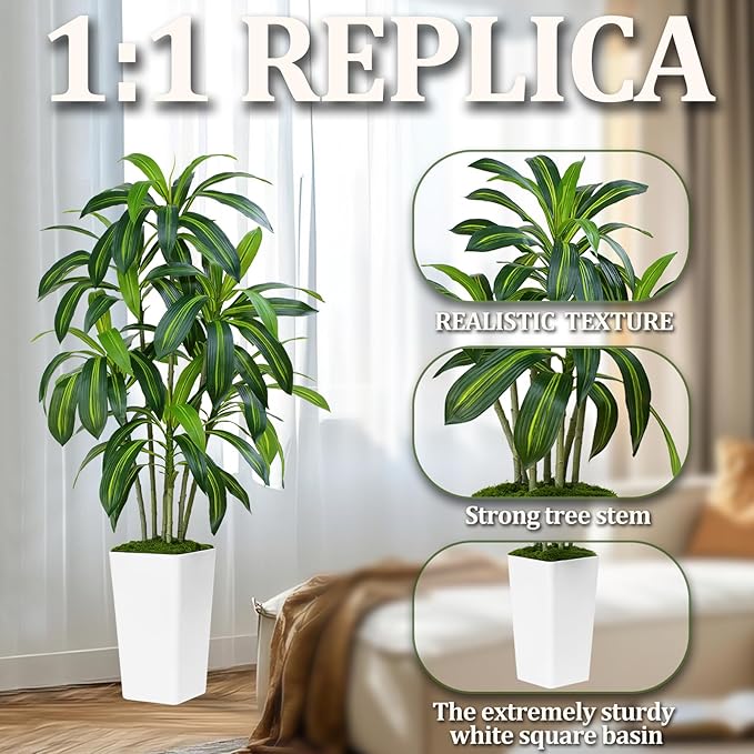 Dracaena Plant Artificial Tree 5Ft Tall Fake Tropical Floor Plants Potted Artificial Silk Tree Leaf Faux Trees White Tall Planter for Home Office Living Room Indoor Outdoor Decor