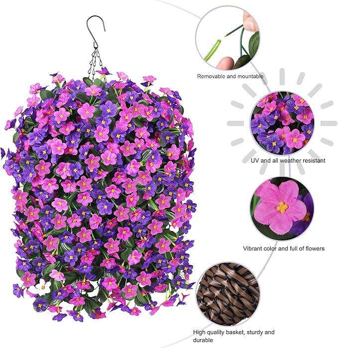 Artificial Faux Fall Hanging Flowers Plants Baskets for Outdoor Outside, Fake Silk Dark Purple Fuchsia Orchid Trailing Vines in Planter Realistic UV Resistant for Balcony Porch Decor