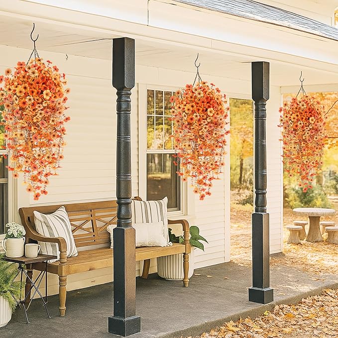 2PCS Fall Artificial Hanging Flowers Plants for Outdoors, 2Pcs Faux Silk Flowers with Eucalyptus Leaves, Fake Fall Flowers for Autumn Home Patio Porch Outside Decor (Orange Yellow)