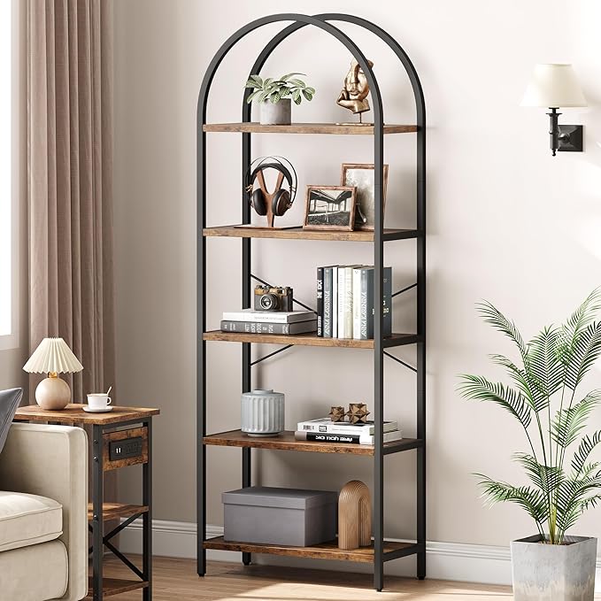IDEALHOUSE Bookshelf 5 Tier Bookcase Arched Display Racks Tall Standing Bookshelves Metal Frame Modern Storage Rack Shelf Large Wood Book Shelf for Bedroom, Living Room, Home Office