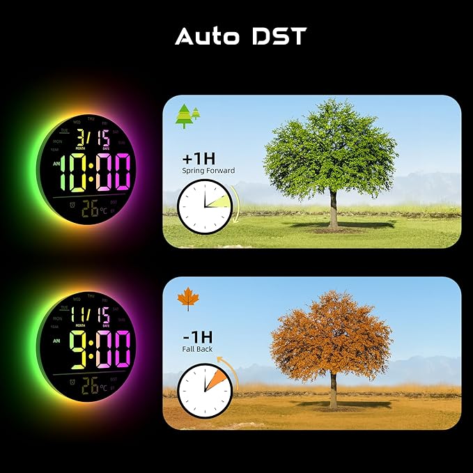 10" Large Digital Wall Clock with Remote Control, Music Sync RGB Atmosphere Light, Low-Reflectivity, Temperature, LED Display, Dual Alarms, BT Sync, Auto DST for Bedroom and Classroom
