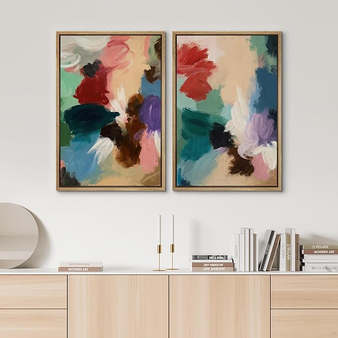 SIGNWIN Framed Wall Art Print Set Colorful Abstract Brushstroke Vibrant Illustrations Modern Art Rustic Relax/Calm Multicolor for Living Room, Bedroom, Office - 24"x36"x2 NATURAL