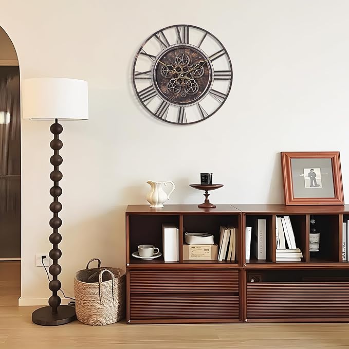 Moving Gear Large Wall Clock 24inch/60cm Copper, Decorative Wall Clocks for Living Room, Unique Farmhouse Steampunk Metal Wall Clock Decor, Office Wall Clocks