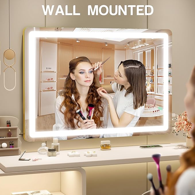Gold Vanity Mirror with Lights, 32" x 22" Large Lighted Vanity Mirror with Dimmable 3 Modes, LED Makeup Mirror, USB Charging Port, Tabletop or Wall-Mounted