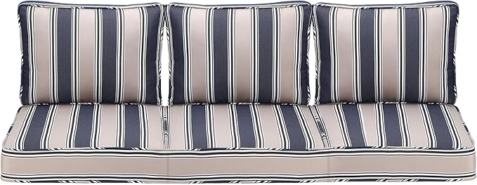 Outdoor Deep Seating Cushion Set, 24" x 24", Waterproof & Fade Resistant Patio Furniture Cushions with Handle, Deep Seat and Back Cushion for Chair and Sofa (3, Blue Stripe)