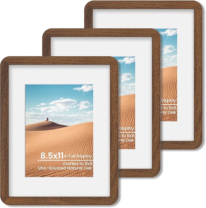 8.5x11 Round Corner Picture Frame, Solid Oak Wood Frame Matted For 6x8 With Plexiglass, Hanging Hardware Included For Tabletop Or Wall Display Frame, Walnut, 3 Pack