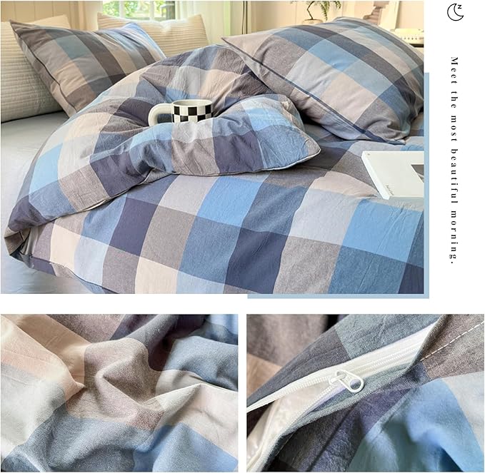 VM VOUGEMARKET 3 Pieces Grid Duvet Cover King Washed Cotton Blue Grey Beige Plaid Checkered Printed Comforter Cover with Zipper Soft Lightweight & Breathable Quilt Cover Set King