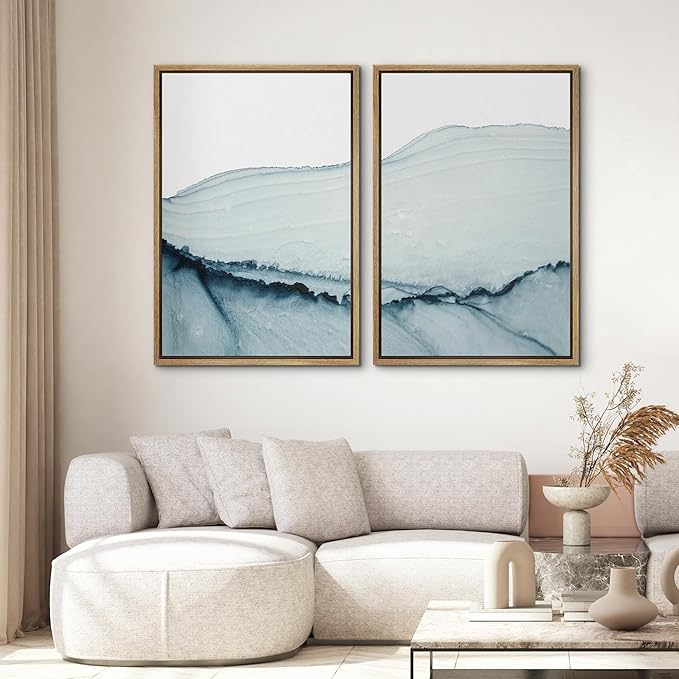 SIGNWIN Framed Wall Art Print Set Blue Paint Stroke Wave Collage Abstract Shapes Illustrations Modern Art Rustic Relax/Calm Multicolor for Living Room, Bedroom, Office - 16"x24"x2 Natural